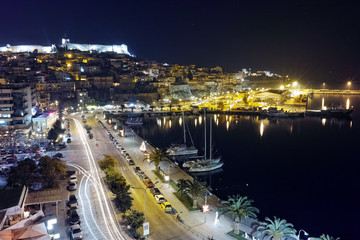 Fototapeta na wymiar Amazing night Panorama of port and old town of Kavala, East Macedonia and Thrace, Greece