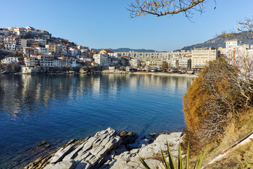 Fototapeta premium Cityscape with aqueduct and old Old town of Kavala, East Macedonia and Thrace, Greece