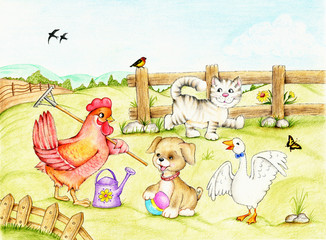 Red hen, dog, cat and goose - 102378166