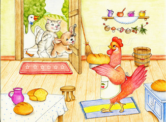 Red hen, dog, cat and duck in the house - 102378339