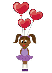 Illustration of a cartoon african girl with balloons in the form of heart 