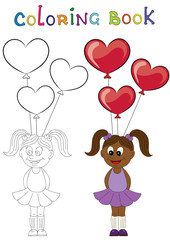 Illustration of a cartoon african girl with balloons in the form of heart 