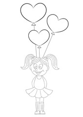 Illustration of a cartoon girl with balloons in the form of heart