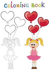 Illustration of a cartoon girl with balloons in the form of heart