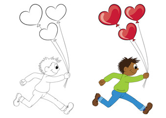 Illustration of a cartoon african boy running with balloons in the form of heart 