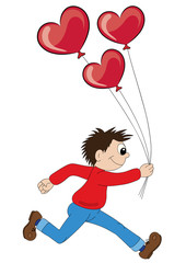 Fototapeta na wymiar Illustration of a cartoon boy running with balloons in the form of heart