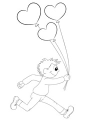 Illustration of a cartoon boy running with balloons in the form of heart 