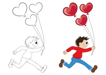 Illustration of a cartoon boy running with balloons in the form of heart