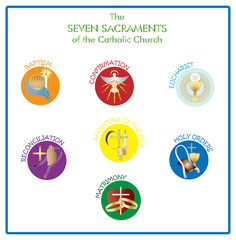 Symbols of the seven sacraments of the Catholic Church. Color vector