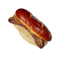 Mustard Bratwurst or italian sausage on pretzel bun