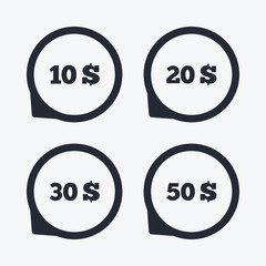 Money in Dollars icons. Ten, twenty, fifty USD.
