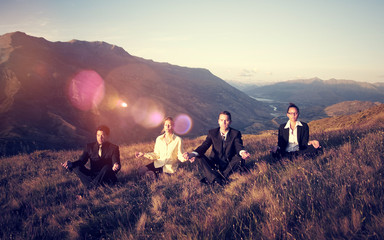 Business People Meditating Mountain Outdoors Concept