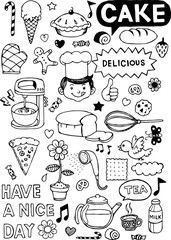 Hand drawn tea time collection, vector doodle set with teapots, glass, cupcake, decoration, tea, ice cream, cup and sweets