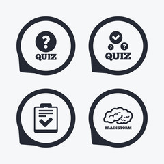 Quiz icons. Checklist and human brain symbols.