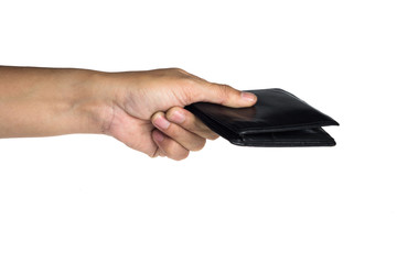 hand hold blue wallet on white background