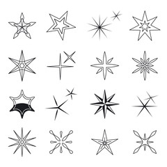 Star icons. Black stars of different shape on white background. Vector illustration.