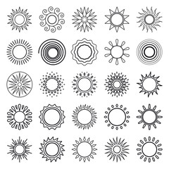 Sun line icons. Black thin line sun symbols on white background. Vector illustration