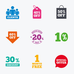 Sale discounts icon. Shopping, deal signs.