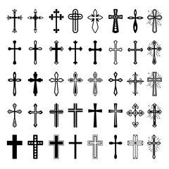 Obraz premium Ikony chrześcijańskiego krzyża. Wektor linii czarny krzyż chrześcijański na białym tle