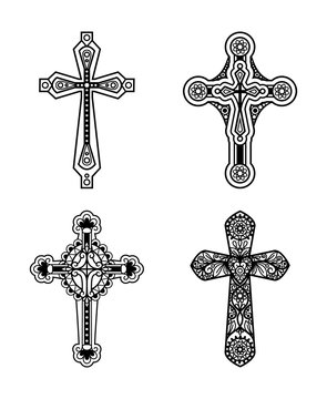 Vector line black ornate christian cross icons set.  Vector illustration