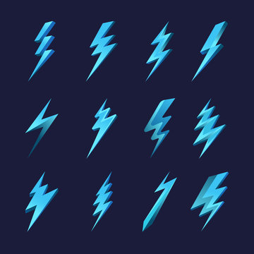 Lightning icon set. Zigzag blue lightning bolts on dark blue background. Vector illustration