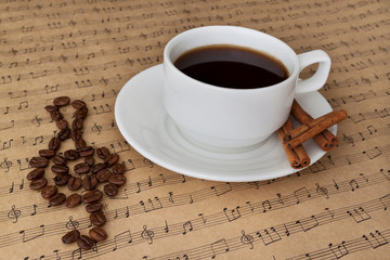 Cup of coffee on sheet music with cinnamon and beans