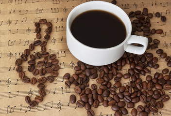 Cup of black coffee on sheet music with cinnamon and beans
