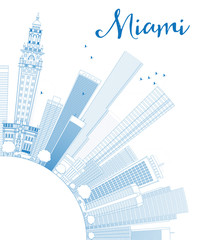 Outline Miami Skyline with Blue Buildings and Copy Space.