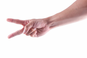 Closeup man's  hand showing two fingers on a white isolated back