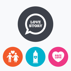 Condom safe sex icons. Lovers couple sign.