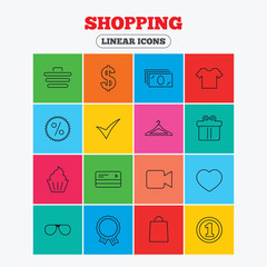 Shopping icons. Shirt, gift box and currency.