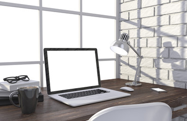 3D illustration laptop and work stuff on table near brick wall, Workspace