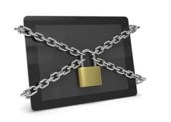 tablet PC with chains and lock isolated on white background