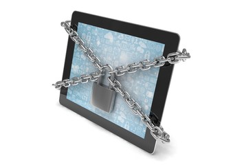 tablet PC with chains and lock isolated on white background