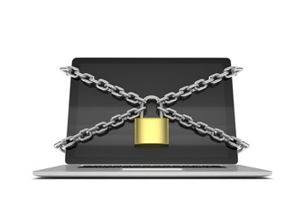 3d illustration computer security. laptop locked with chains and padlock