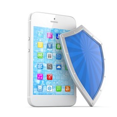 Smartphone and shield on white, security concept