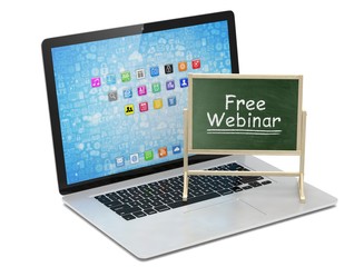 Laptop with chalkboard, free webinar, online education concept