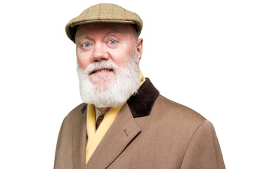 Elderly man is posing on white background, color and contrast manipulated