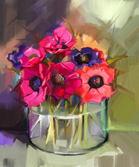 Obrazy  Martwa natura bukiet kwiatów. Obraz olejny czerwony kwiat zawilców w szklanym wazonie. Ręcznie malowany kwiatowy w stylu impresjonistycznym