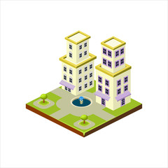 Isometric icon representing modern house with backyard