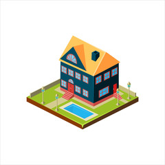 Isometric icon representing modern house with backyard