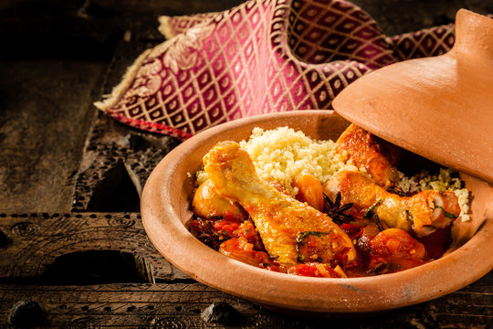 Traditional Tajine Dish with Chicken and Couscous