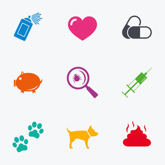 Veterinary, pets icons. Dog paws, syringe signs.