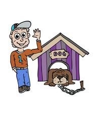 jongen en zijn slaperige hond