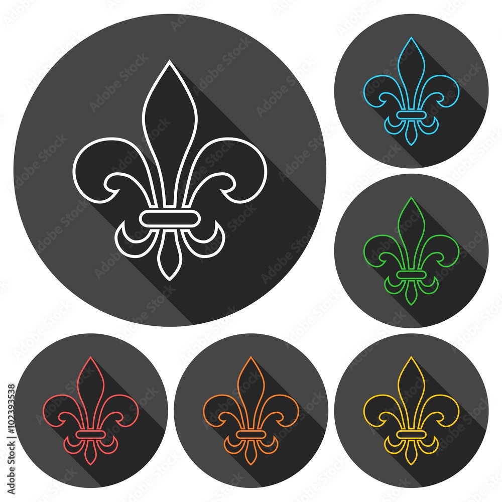 Sticker Fleur de lis symbol icons set with long shadow