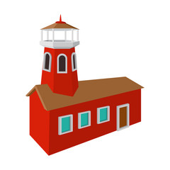 Fire station with red high tower cartoon icon 