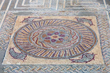 Deurstickers Close-up of a decorative Roman tessera mosaic pavement in the peristyle of the House of Fountains. Conimbriga in Portugal, is one of the best preserved Roman cities on the west of the empire. © StockPhotosArt