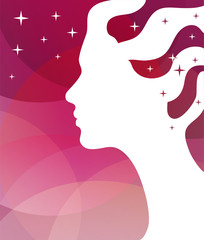 Abstract vector background. Stars and a female profile for greeting card or poster.