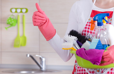 House cleaner showing ok sign