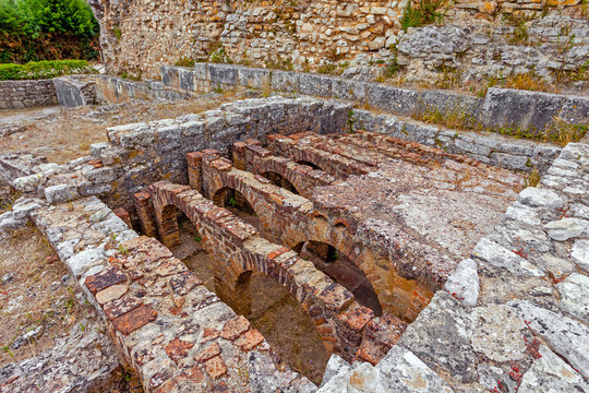 Hypocaust structure used to heat the water of the Caldarium room in the Roman Baths of the Wall. Conimbriga in Portugal, is one of the best preserved Roman cities on the west of the empire.